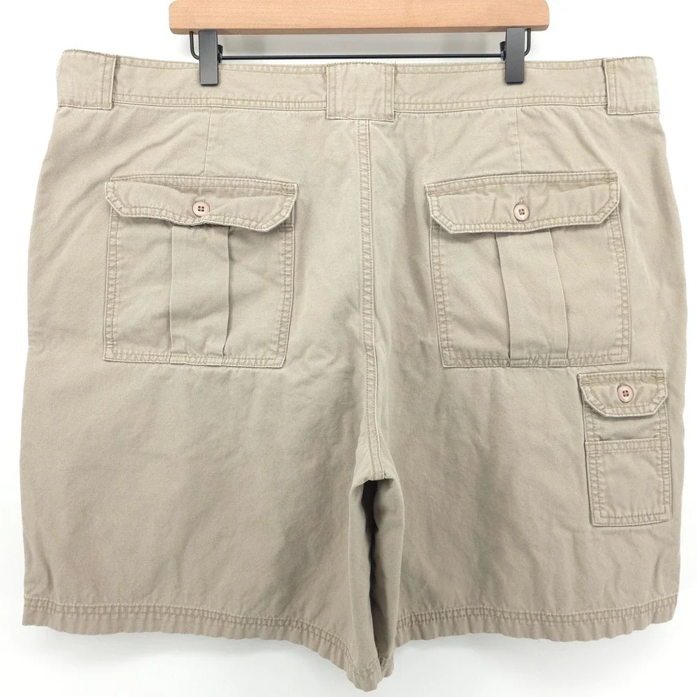 Cabelas Mens Cargo Shorts 44 Khaki Tan Pleated Cotton Canvas Rugged Hiking